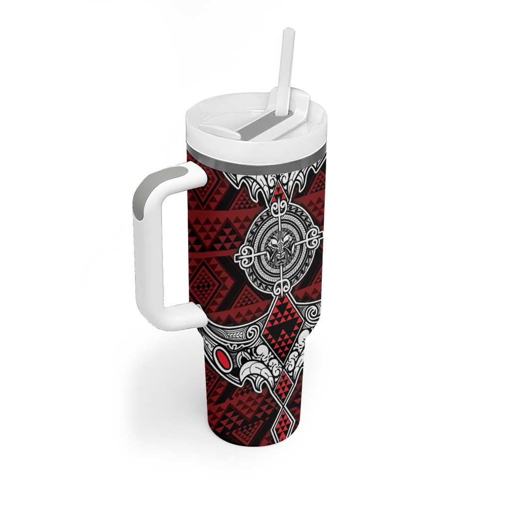 Red Aotearoa Taniko Motif Tumbler With Handle Vintage Maori New Zealand Tribal Art Pattern LT9 - Polynesian Pride