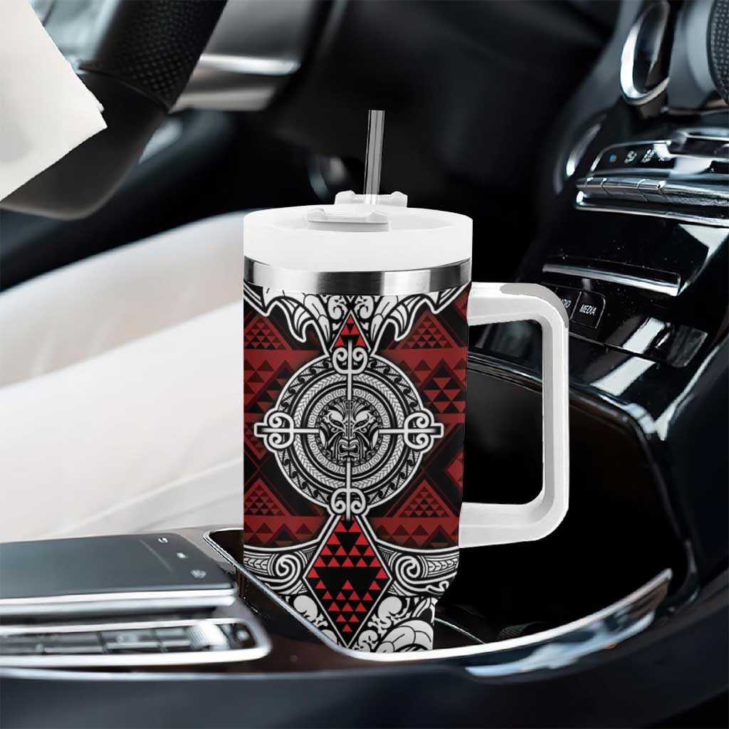 Red Aotearoa Taniko Motif Tumbler With Handle Vintage Maori New Zealand Tribal Art Pattern LT9 - Polynesian Pride