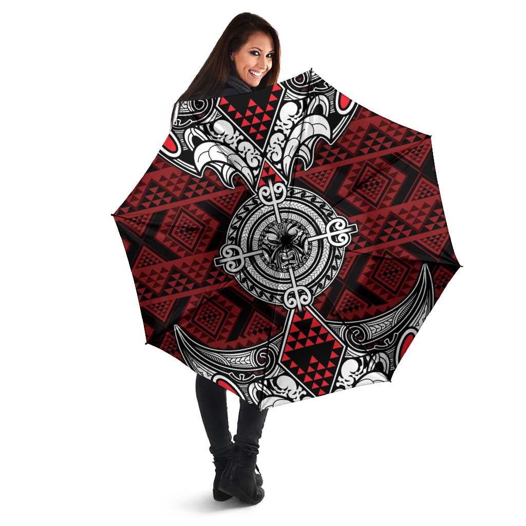 Red Aotearoa Taniko Motif Umbrella Vintage Maori New Zealand Tribal Art Pattern LT9 - Polynesian Pride