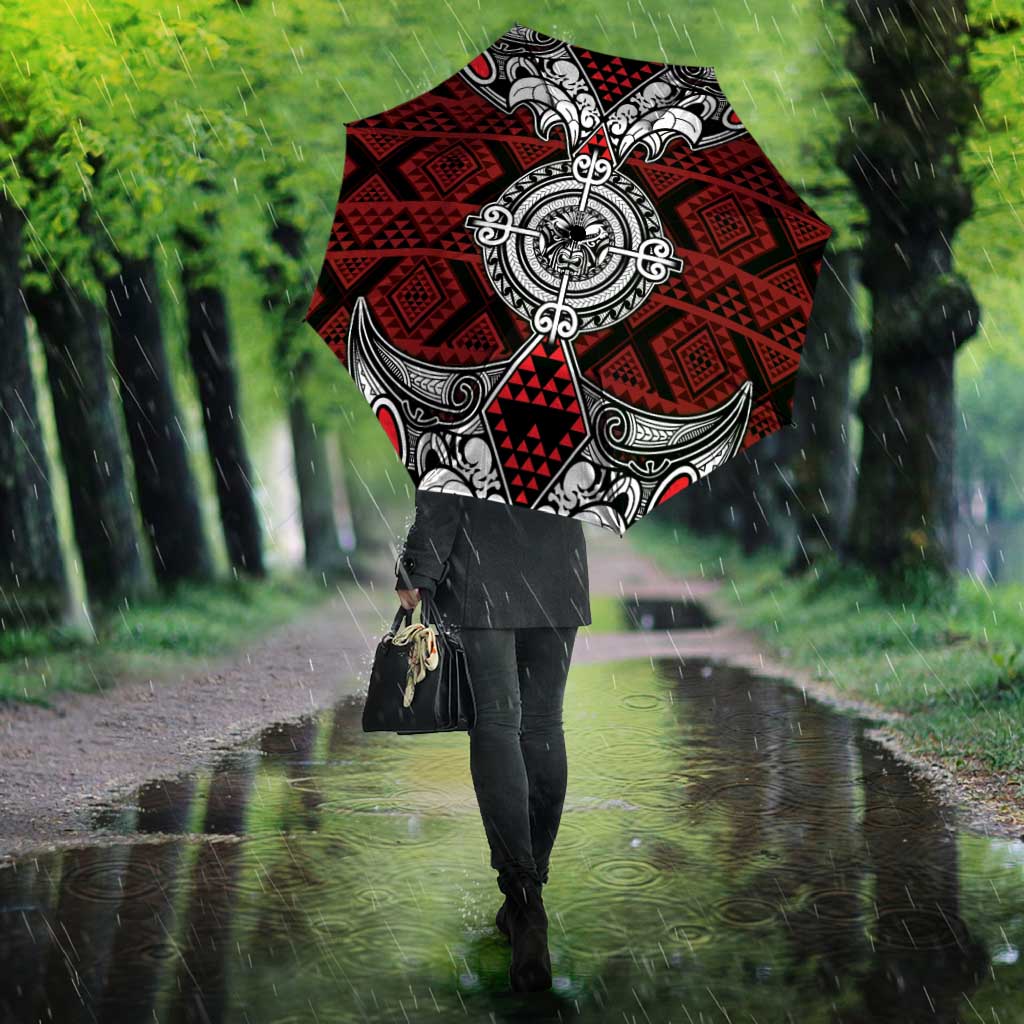 Red Aotearoa Taniko Motif Umbrella Vintage Maori New Zealand Tribal Art Pattern LT9 - Polynesian Pride