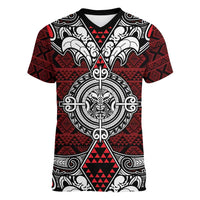 Red Aotearoa Tanilo Motif Women V-Neck T-Shirt Vintage Maori New Zealand Tribal Art Pattern LT9 Female Red - Polynesian Pride