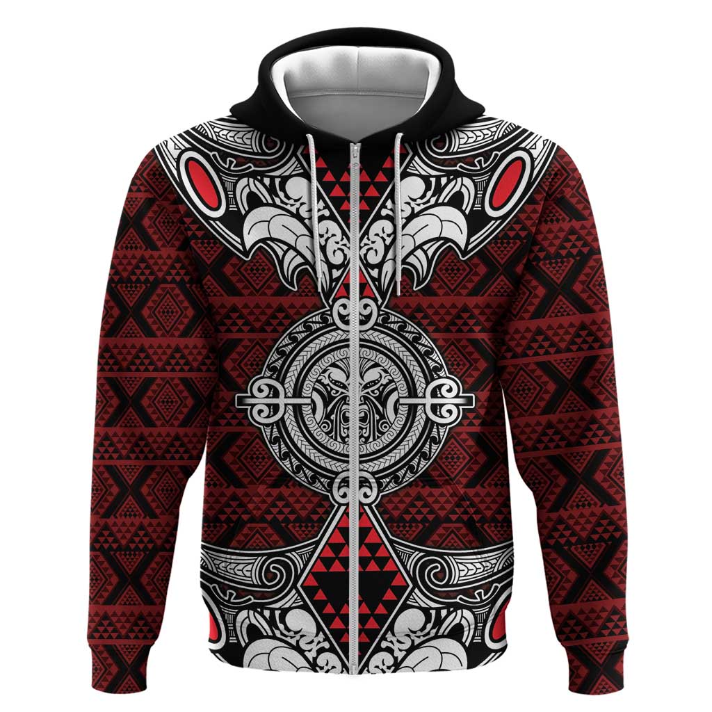 Red Aotearoa Tanilo Motif Zip Hoodie Vintage Maori New Zealand Tribal Art Pattern LT9 Zip Hoodie Red - Polynesian Pride