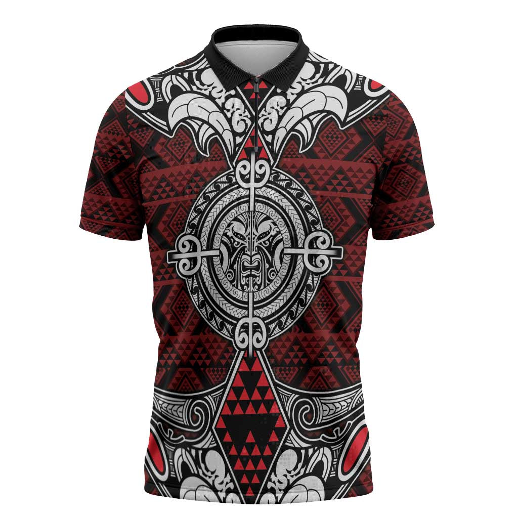 Red Aotearoa Taniko Motif Zipper Polo Shirt Vintage Maori New Zealand Tribal Art Pattern LT9 Red - Polynesian Pride