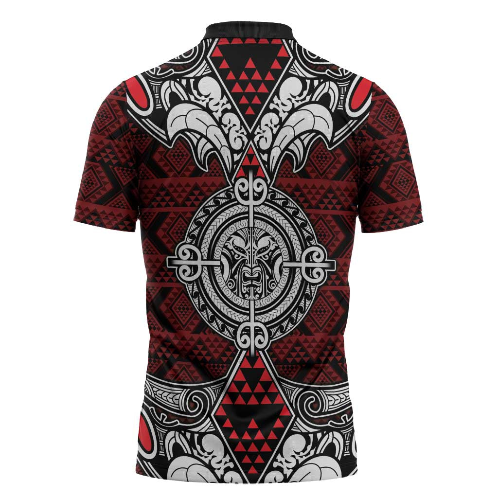 Red Aotearoa Taniko Motif Zipper Polo Shirt Vintage Maori New Zealand Tribal Art Pattern LT9 - Polynesian Pride