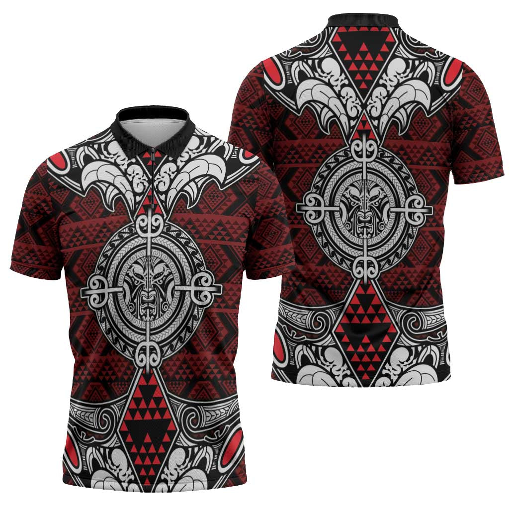 Red Aotearoa Taniko Motif Zipper Polo Shirt Vintage Maori New Zealand Tribal Art Pattern LT9 - Polynesian Pride