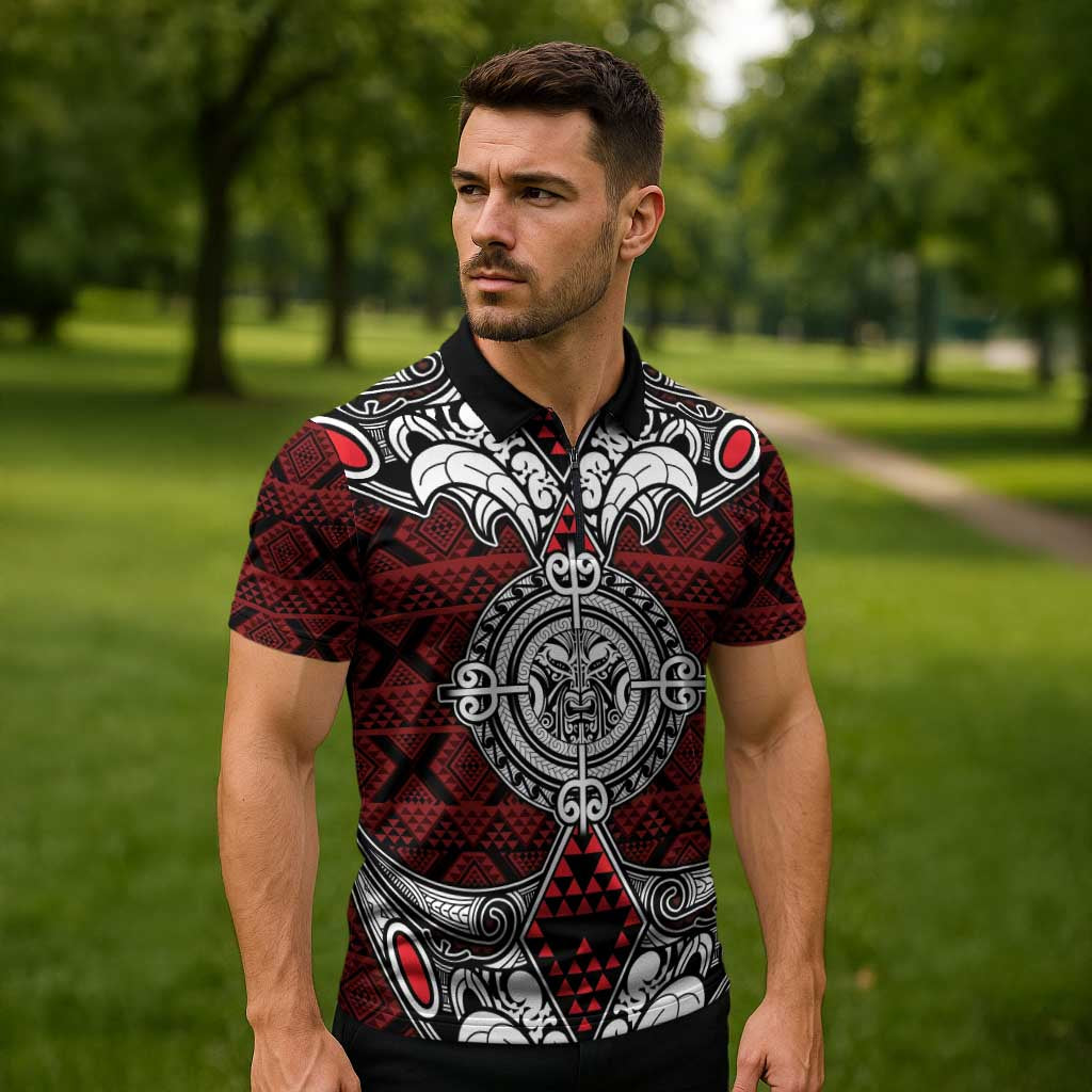 Red Aotearoa Taniko Motif Zipper Polo Shirt Vintage Maori New Zealand Tribal Art Pattern LT9 - Polynesian Pride