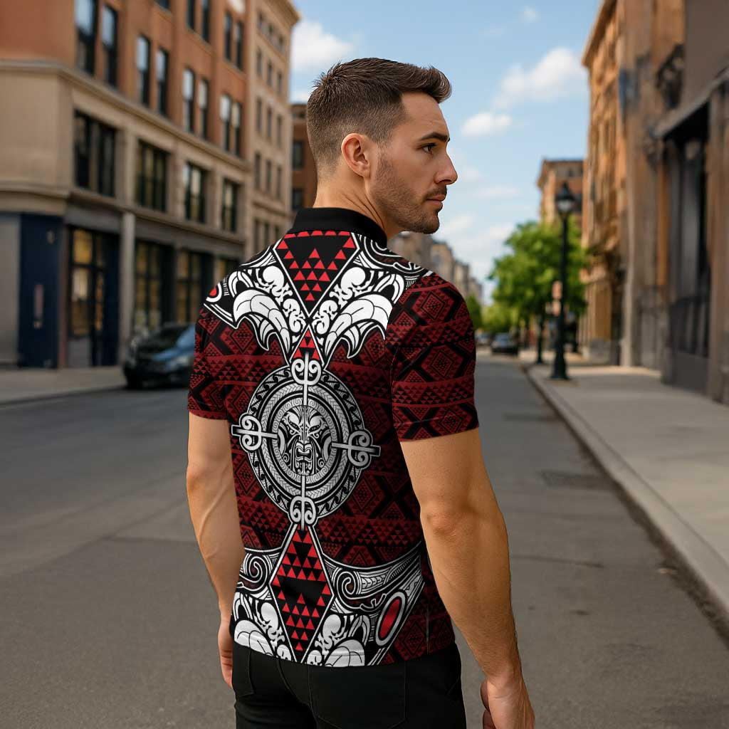 Red Aotearoa Taniko Motif Zipper Polo Shirt Vintage Maori New Zealand Tribal Art Pattern LT9 - Polynesian Pride