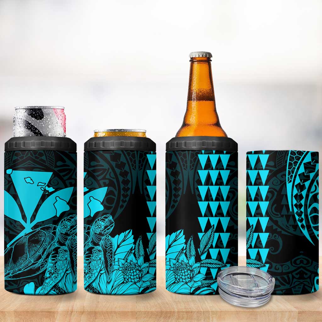 Kakau Polynesian Tribal Hawaiian Turtle 4 in 1 Can Cooler Tumbler with Kanaka Maoli Teal LT9 - Polynesian Pride