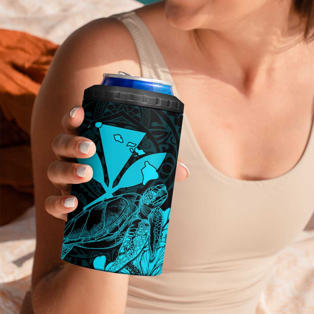 Kakau Polynesian Tribal Hawaiian Turtle 4 in 1 Can Cooler Tumbler with Kanaka Maoli Teal LT9 - Polynesian Pride