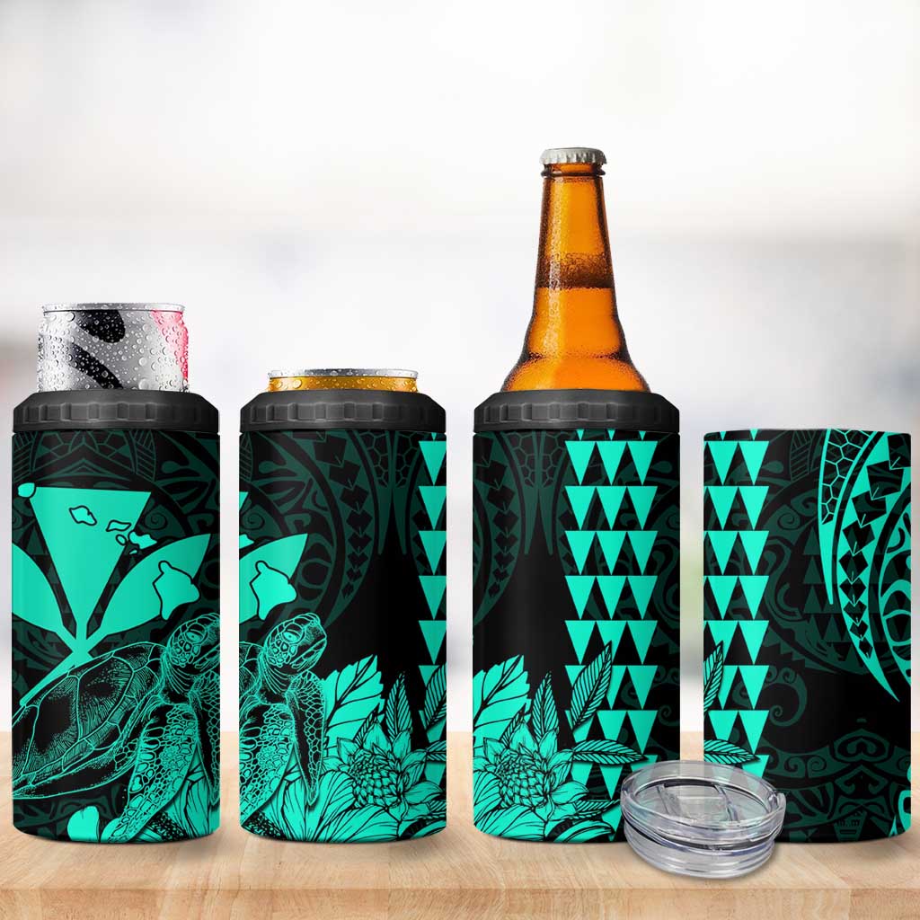 Kakau Polynesian Tribal Hawaiian Turtle 4 in 1 Can Cooler Tumbler with Kanaka Maoli Turquoise LT9 - Polynesian Pride