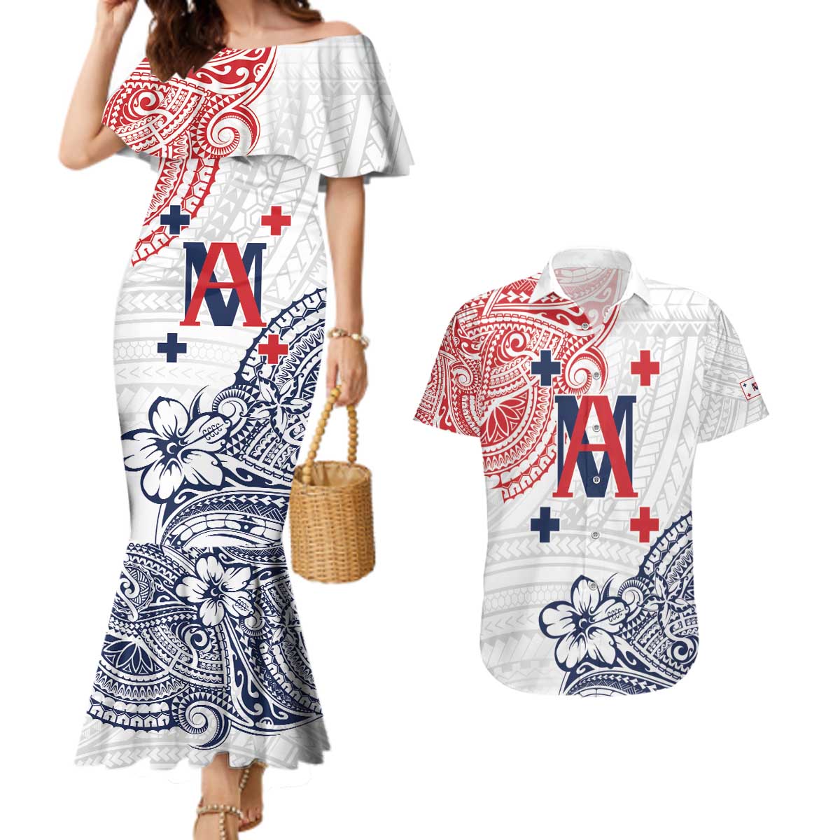 Kingdom of Uvea 1842-1860 Personalized Couples Matching Mermaid Dress and Hawaiian Shirt Wallis and Futuna Polynesian Tribal Pattern LT9 White - Polynesian Pride