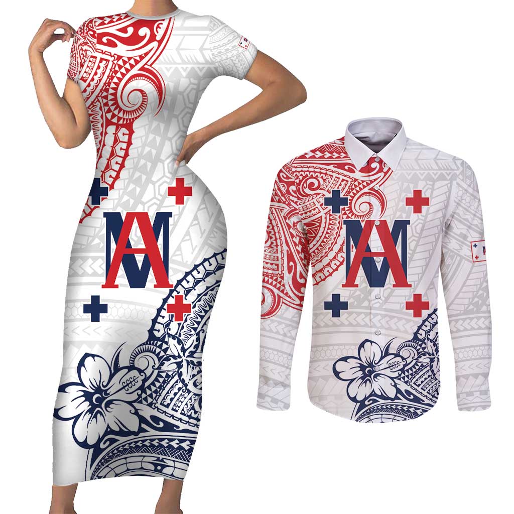 Kingdom of Uvea 1842-1860 Personalized Couples Matching Short Sleeve Bodycon Dress and Long Sleeve Button Shirt Wallis and Futuna Polynesian Tribal Pattern LT9 White - Polynesian Pride