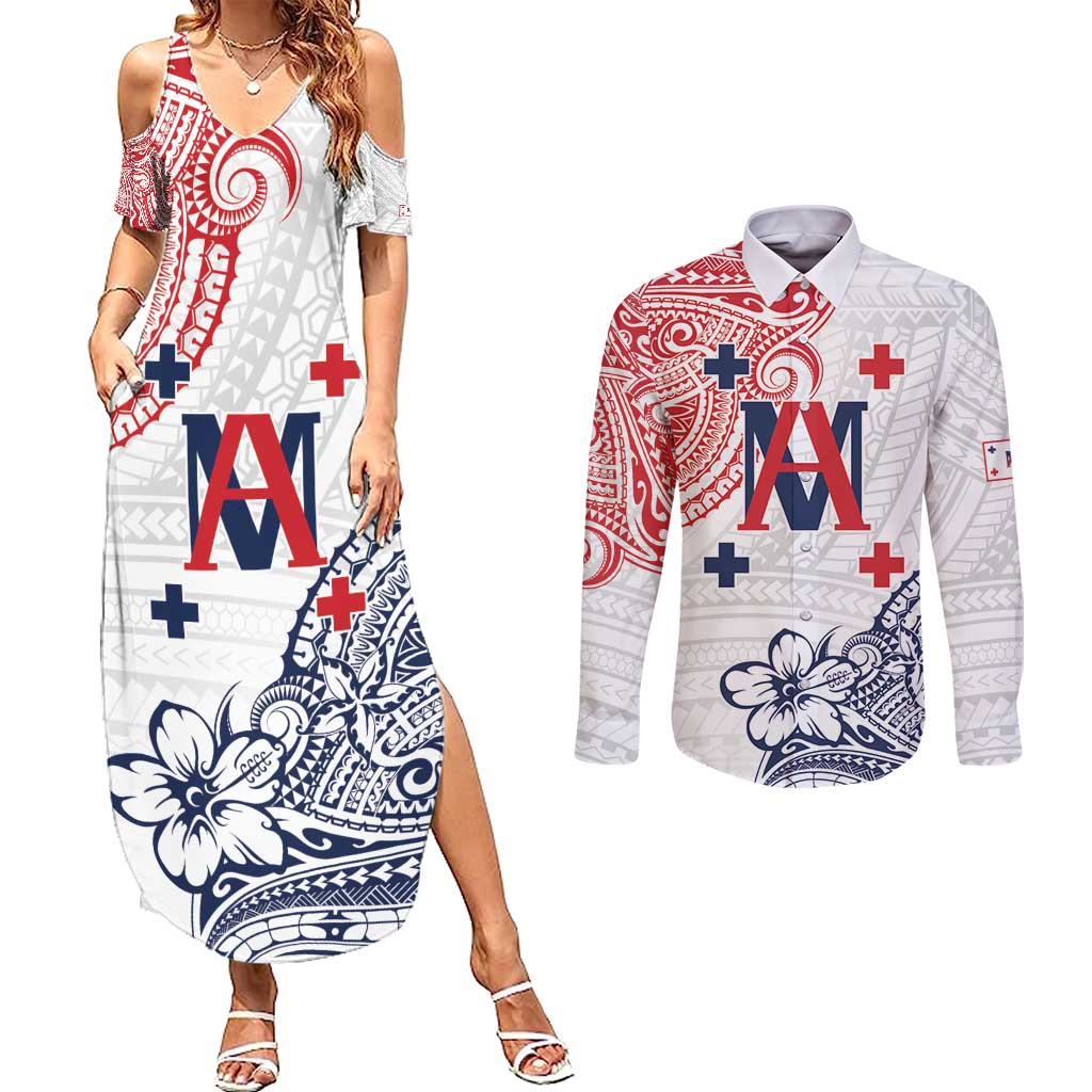 Kingdom of Uvea 1842-1860 Personalized Couples Matching Summer Maxi Dress and Long Sleeve Button Shirt Wallis and Futuna Polynesian Tribal Pattern LT9 White - Polynesian Pride
