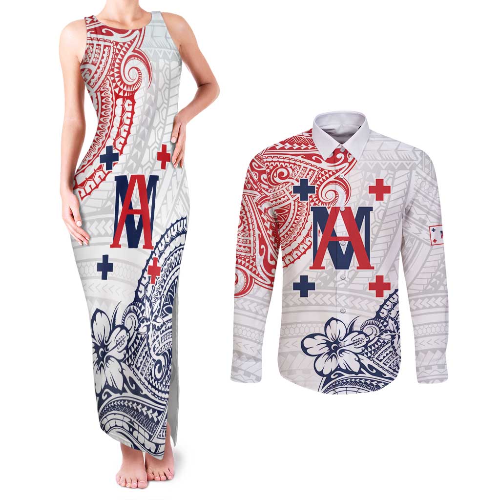 Kingdom of Uvea 1842-1860 Personalized Couples Matching Tank Maxi Dress and Long Sleeve Button Shirt Wallis and Futuna Polynesian Tribal Pattern LT9 White - Polynesian Pride