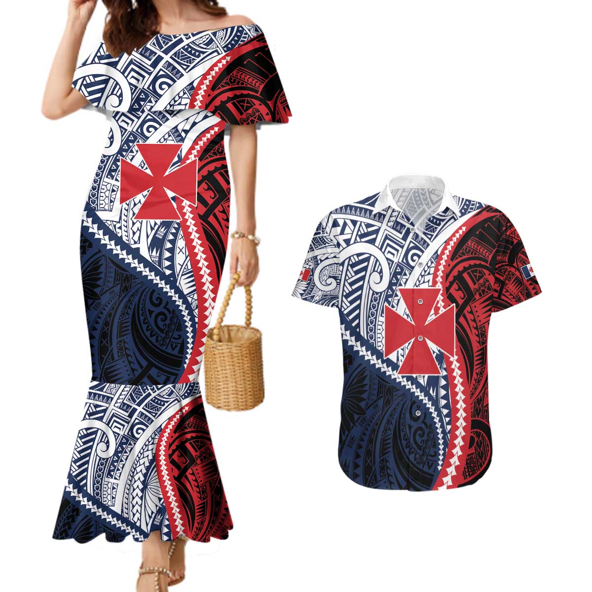 Kingdom of Uvea 1860-1886 Personalized Couples Matching Mermaid Dress and Hawaiian Shirt Wallis and Futuna Polynesian Tribal Pattern LT9 Red - Polynesian Pride