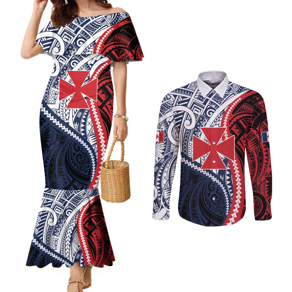 Kingdom of Uvea 1860-1886 Personalized Couples Matching Mermaid Dress and Long Sleeve Button Shirt Wallis and Futuna Polynesian Tribal Pattern LT9 Red - Polynesian Pride
