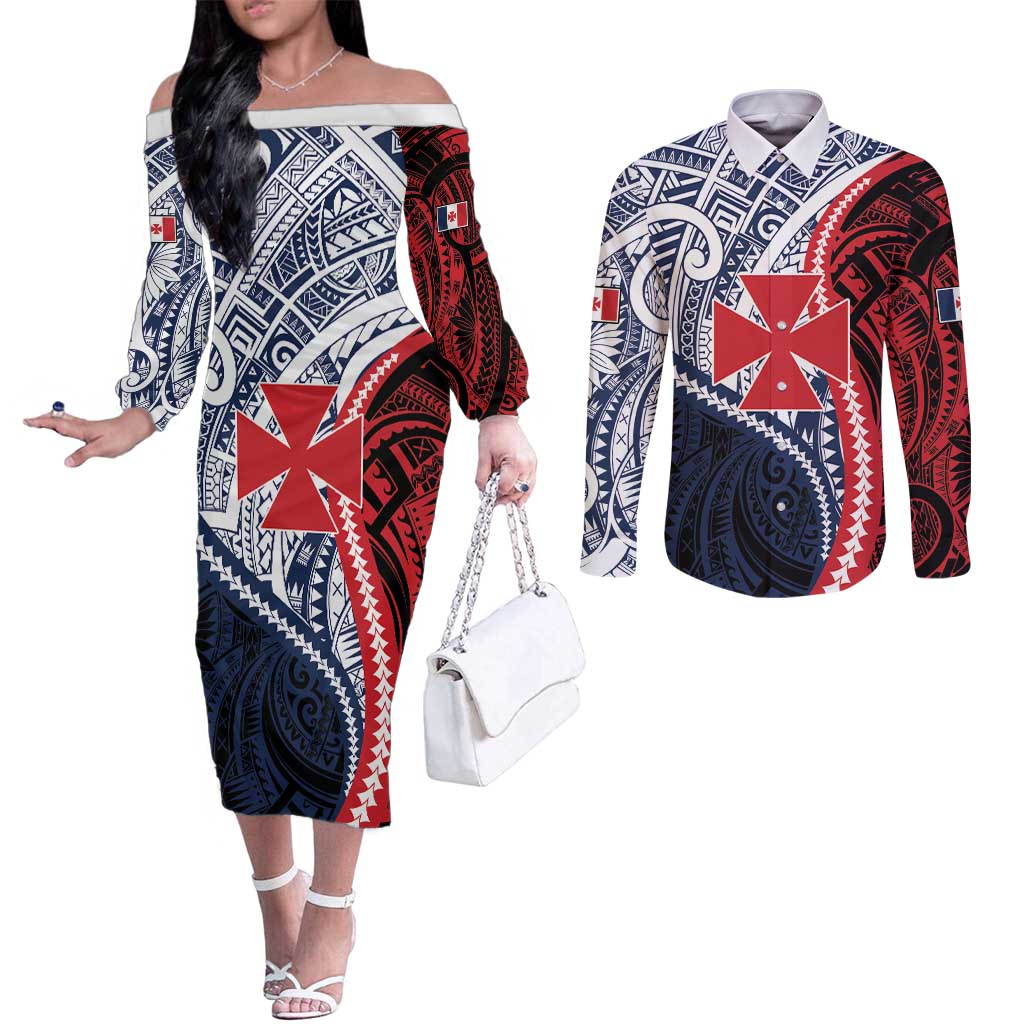 Kingdom of Uvea 1860-1886 Personalized Couples Matching Off The Shoulder Long Sleeve Dress and Long Sleeve Button Shirt Wallis and Futuna Polynesian Tribal Pattern LT9 Red - Polynesian Pride
