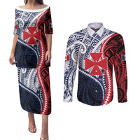 Kingdom of Uvea 1860-1886 Personalized Couples Matching Puletasi and Long Sleeve Button Shirt Wallis and Futuna Polynesian Tribal Pattern LT9 Red - Polynesian Pride