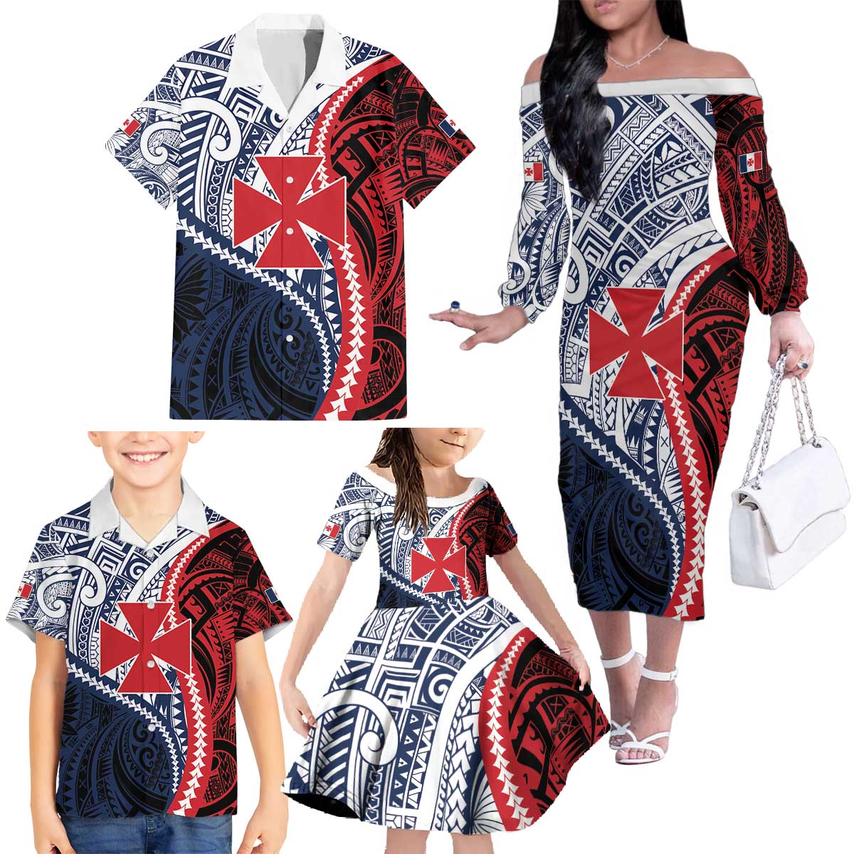 Kingdom of Uvea 1860-1886 Personalized Family Matching Off The Shoulder Long Sleeve Dress and Hawaiian Shirt Wallis and Futuna Polynesian Tribal Pattern LT9 - Polynesian Pride