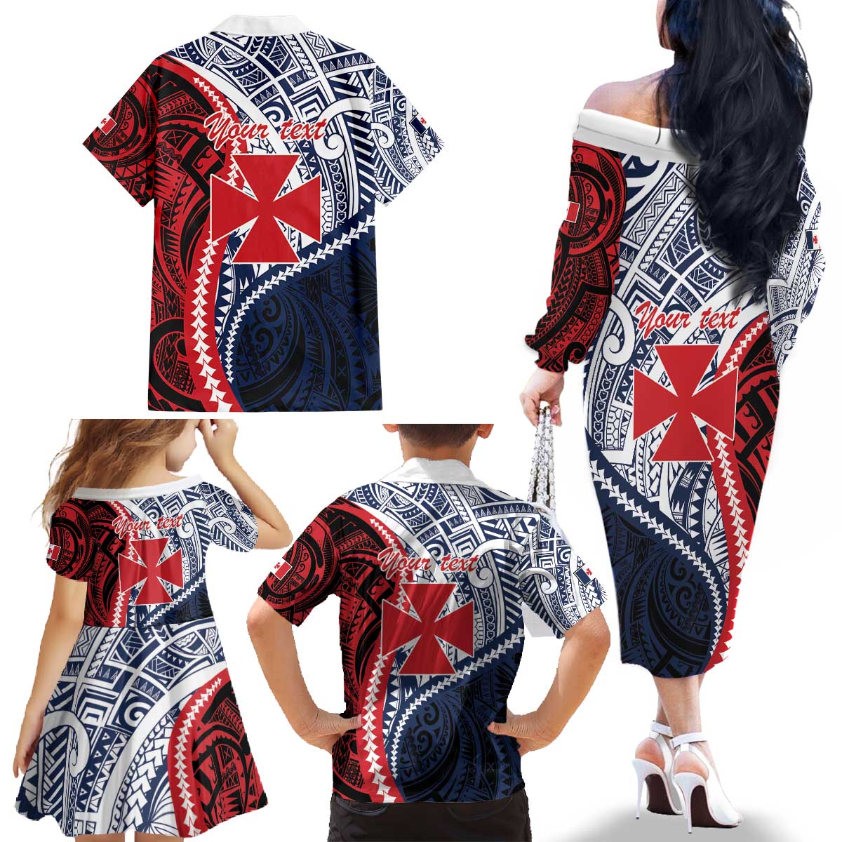 Kingdom of Uvea 1860-1886 Personalized Family Matching Off The Shoulder Long Sleeve Dress and Hawaiian Shirt Wallis and Futuna Polynesian Tribal Pattern LT9 - Polynesian Pride