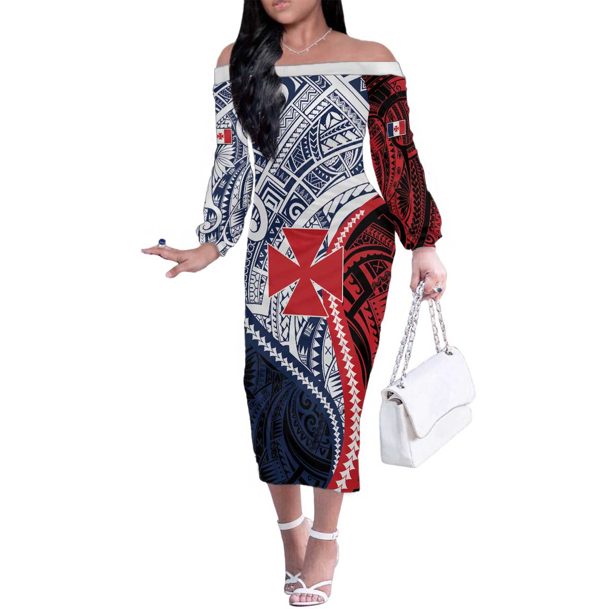 Kingdom of Uvea 1860-1886 Personalized Family Matching Off The Shoulder Long Sleeve Dress and Hawaiian Shirt Wallis and Futuna Polynesian Tribal Pattern LT9 Mom's Dress Red - Polynesian Pride