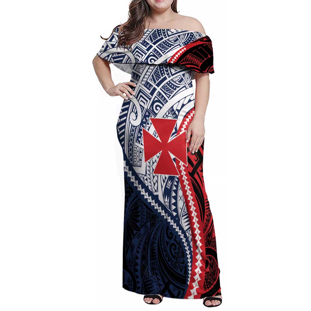 Kingdom of Uvea 1860-1886 Personalized Family Matching Off Shoulder Maxi Dress and Hawaiian Shirt Wallis and Futuna Polynesian Tribal Pattern LT9 Mom's Dress Red - Polynesian Pride