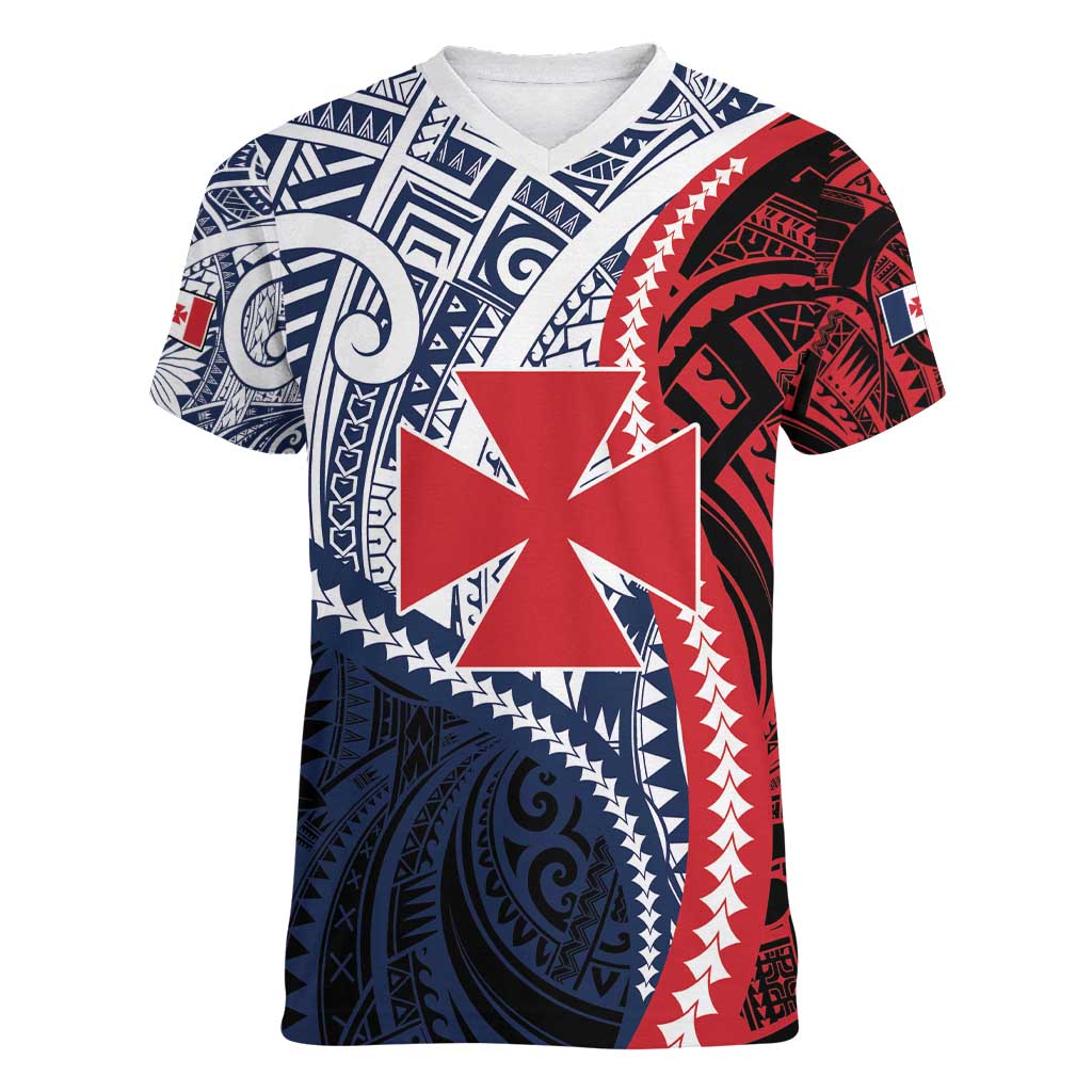 Kingdom of Uvea 1860-1886 Personalized Women V-Neck T-Shirt Wallis and Futuna Polynesian Tribal Pattern LT9 Female Red - Polynesian Pride