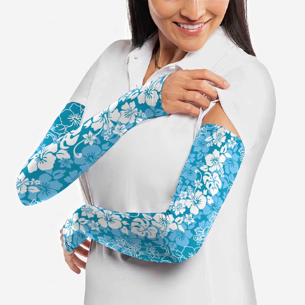 Hawaiian Lei Day Arm Sleeves Blue Hibiscus Flowers Lei Art - Polynesian Pride