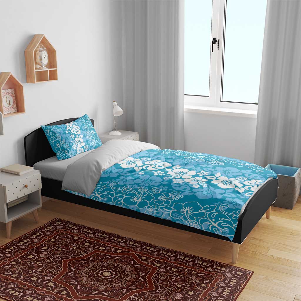 Hawaiian Lei Day Bedding Set Blue Hibiscus Flowers Lei Art