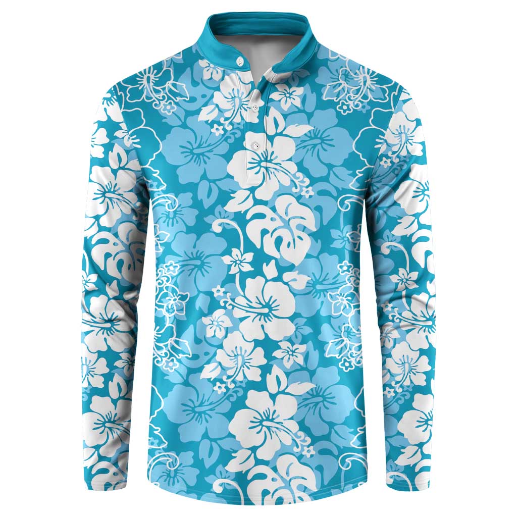 Hawaiian Lei Day Button Sweatshirt Blue Hibiscus Flowers Lei Art