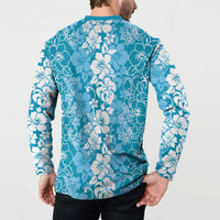 Hawaiian Lei Day Button Sweatshirt Blue Hibiscus Flowers Lei Art