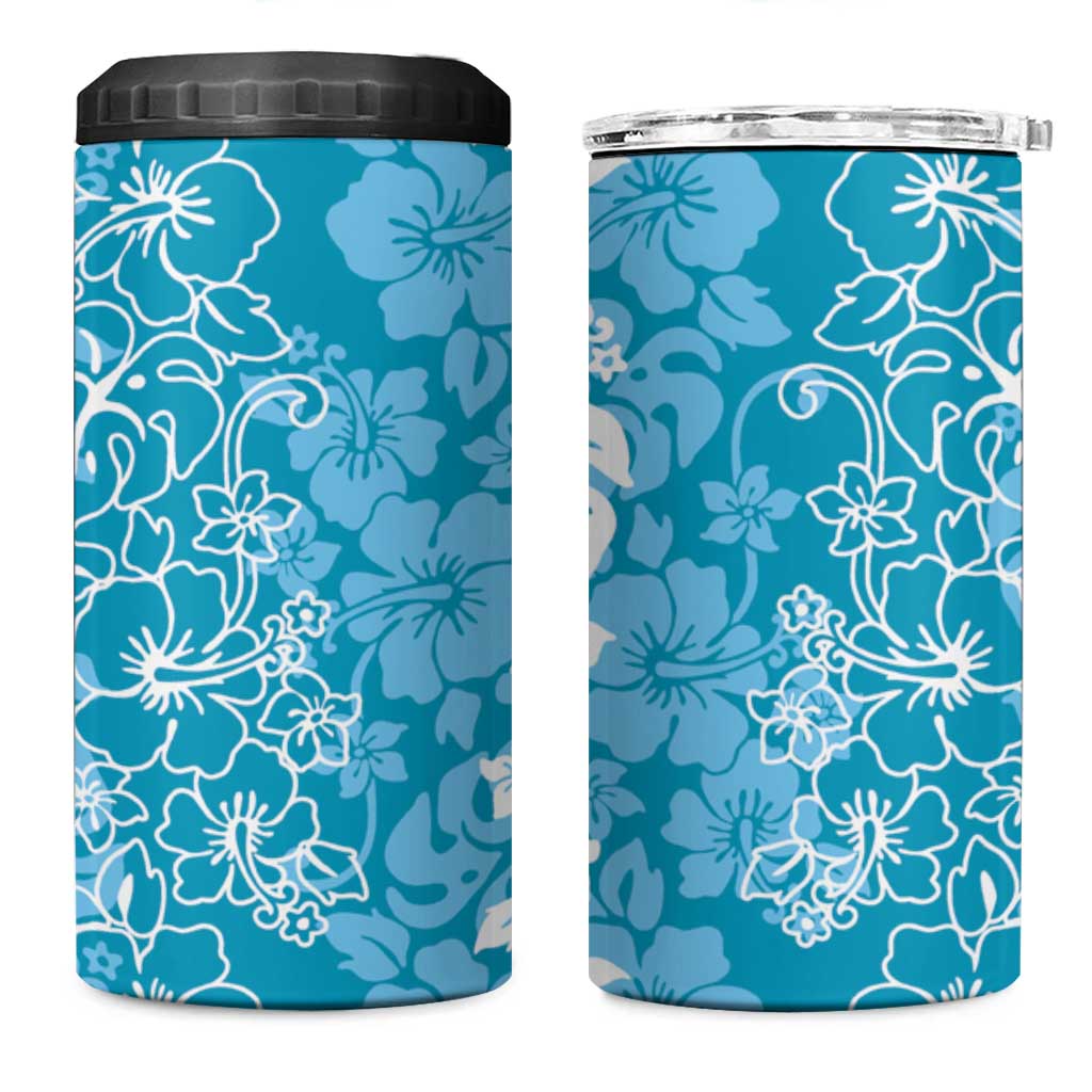 Hawaiian Lei Day 4 in 1 Can Cooler Tumbler Blue Hibiscus Flowers Lei Art LT9 One Size: 16 oz Blue - Polynesian Pride