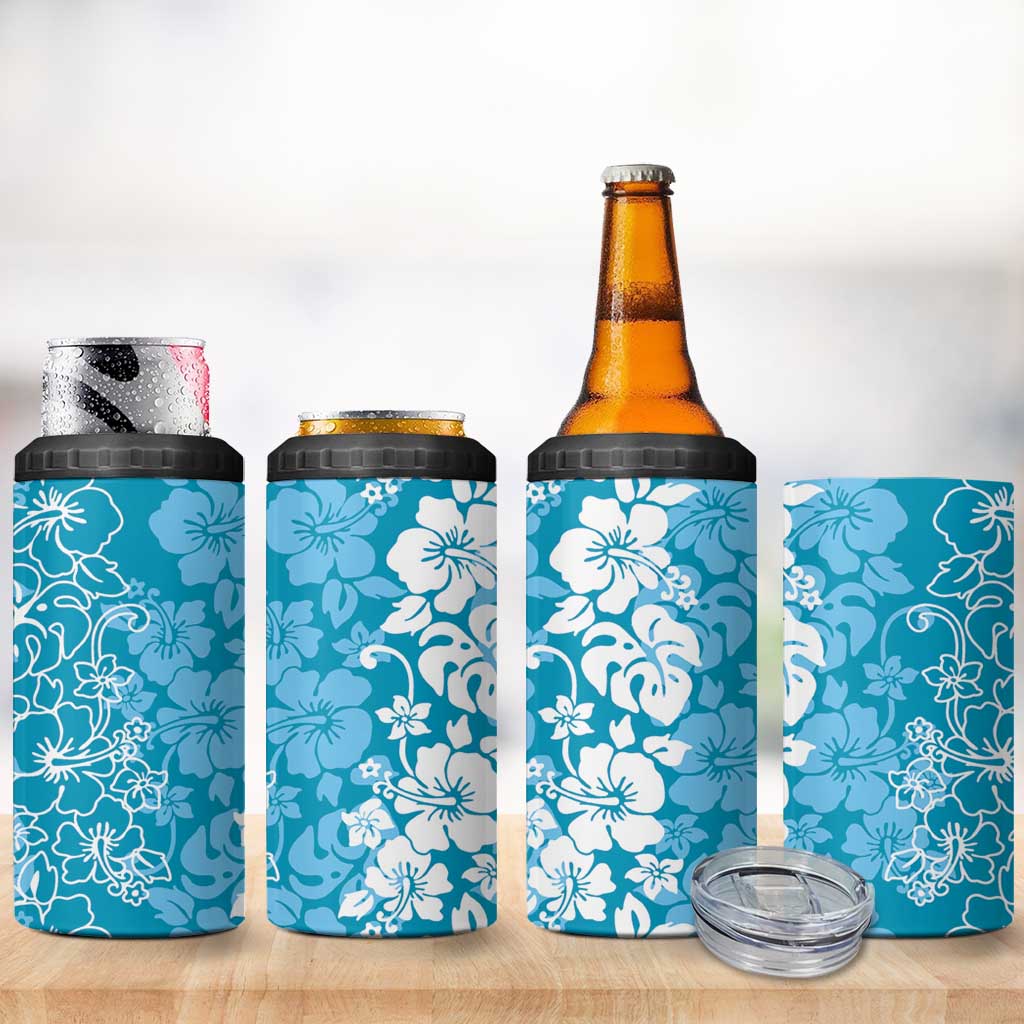 Hawaiian Lei Day 4 in 1 Can Cooler Tumbler Blue Hibiscus Flowers Lei Art LT9 - Polynesian Pride