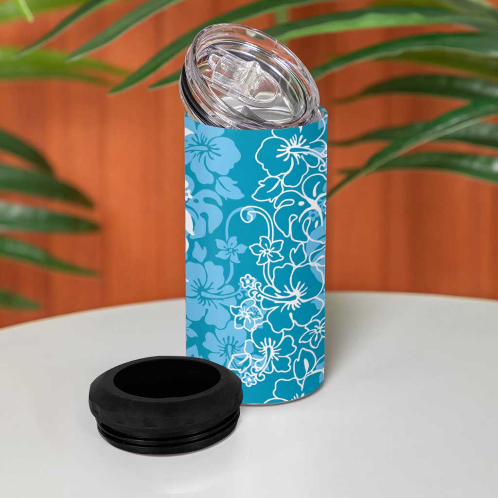 Hawaiian Lei Day 4 in 1 Can Cooler Tumbler Blue Hibiscus Flowers Lei Art LT9 - Polynesian Pride