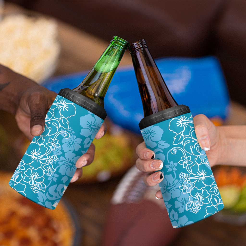 Hawaiian Lei Day 4 in 1 Can Cooler Tumbler Blue Hibiscus Flowers Lei Art LT9 - Polynesian Pride