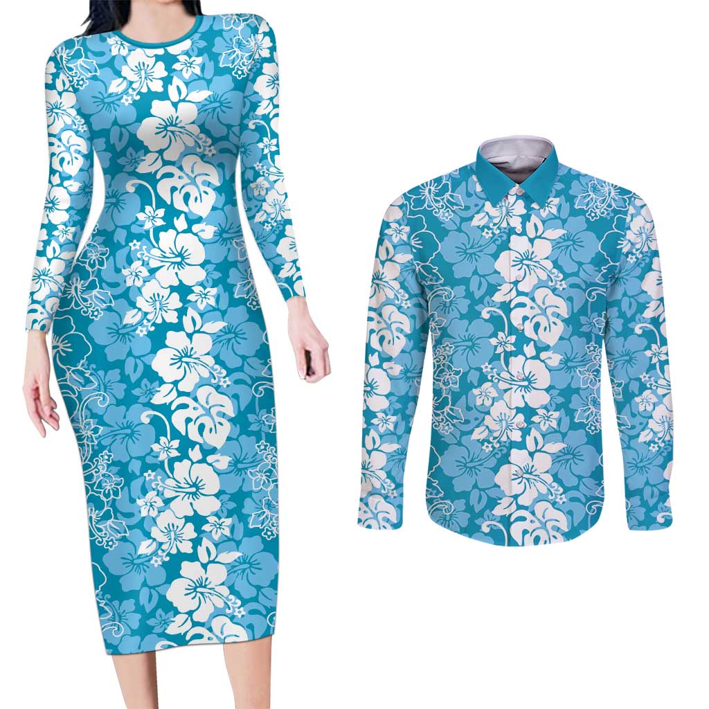 Hawaiian Lei Day Couples Matching Long Sleeve Bodycon Dress and Long Sleeve Button Shirt Blue Hibiscus Flowers Lei Art LT9 Blue - Polynesian Pride