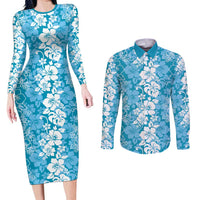 Hawaiian Lei Day Couples Matching Long Sleeve Bodycon Dress and Long Sleeve Button Shirt Blue Hibiscus Flowers Lei Art LT9 Blue - Polynesian Pride