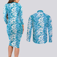 Hawaiian Lei Day Couples Matching Long Sleeve Bodycon Dress and Long Sleeve Button Shirt Blue Hibiscus Flowers Lei Art LT9 - Polynesian Pride