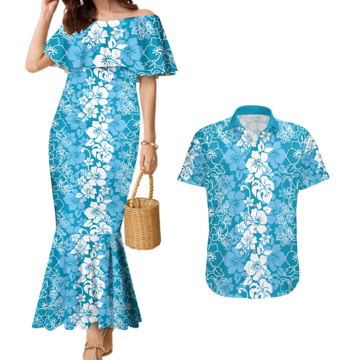 Hawaiian Lei Day Couples Matching Mermaid Dress and Hawaiian Shirt Blue Hibiscus Flowers Lei Art LT9 Blue - Polynesian Pride