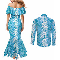 Hawaiian Lei Day Couples Matching Mermaid Dress and Long Sleeve Button Shirt Blue Hibiscus Flowers Lei Art LT9 - Polynesian Pride