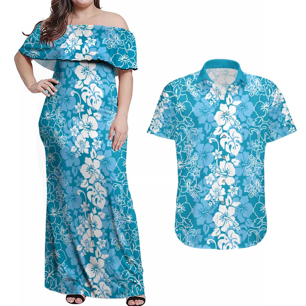 Hawaiian Lei Day Couples Matching Off Shoulder Maxi Dress and Hawaiian Shirt Blue Hibiscus Flowers Lei Art LT9 Blue - Polynesian Pride