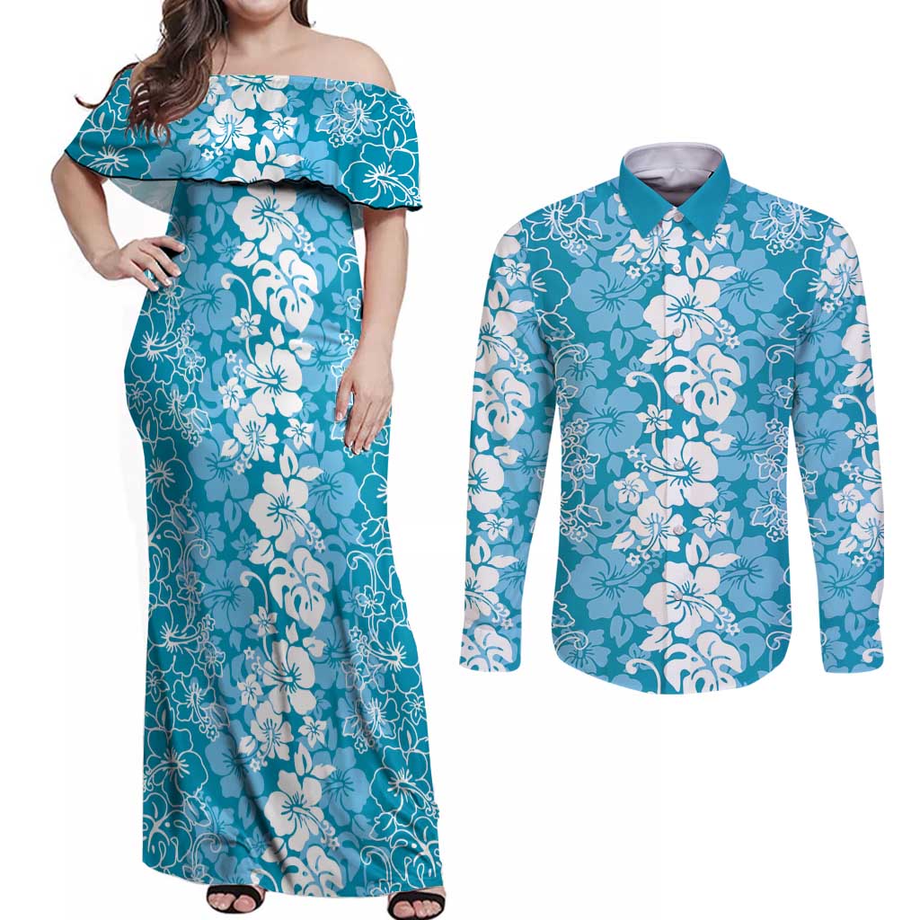Hawaiian Lei Day Couples Matching Off Shoulder Maxi Dress and Long Sleeve Button Shirt Blue Hibiscus Flowers Lei Art LT9 Blue - Polynesian Pride