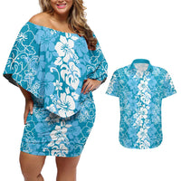 Hawaiian Lei Day Couples Matching Off Shoulder Short Dress and Hawaiian Shirt Blue Hibiscus Flowers Lei Art LT9 Blue - Polynesian Pride