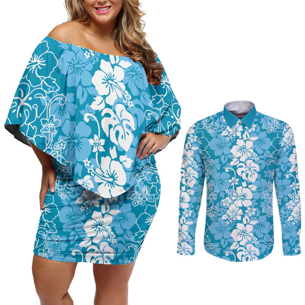 Hawaiian Lei Day Couples Matching Off Shoulder Short Dress and Long Sleeve Button Shirt Blue Hibiscus Flowers Lei Art LT9 Blue - Polynesian Pride