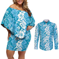 Hawaiian Lei Day Couples Matching Off Shoulder Short Dress and Long Sleeve Button Shirt Blue Hibiscus Flowers Lei Art LT9 Blue - Polynesian Pride