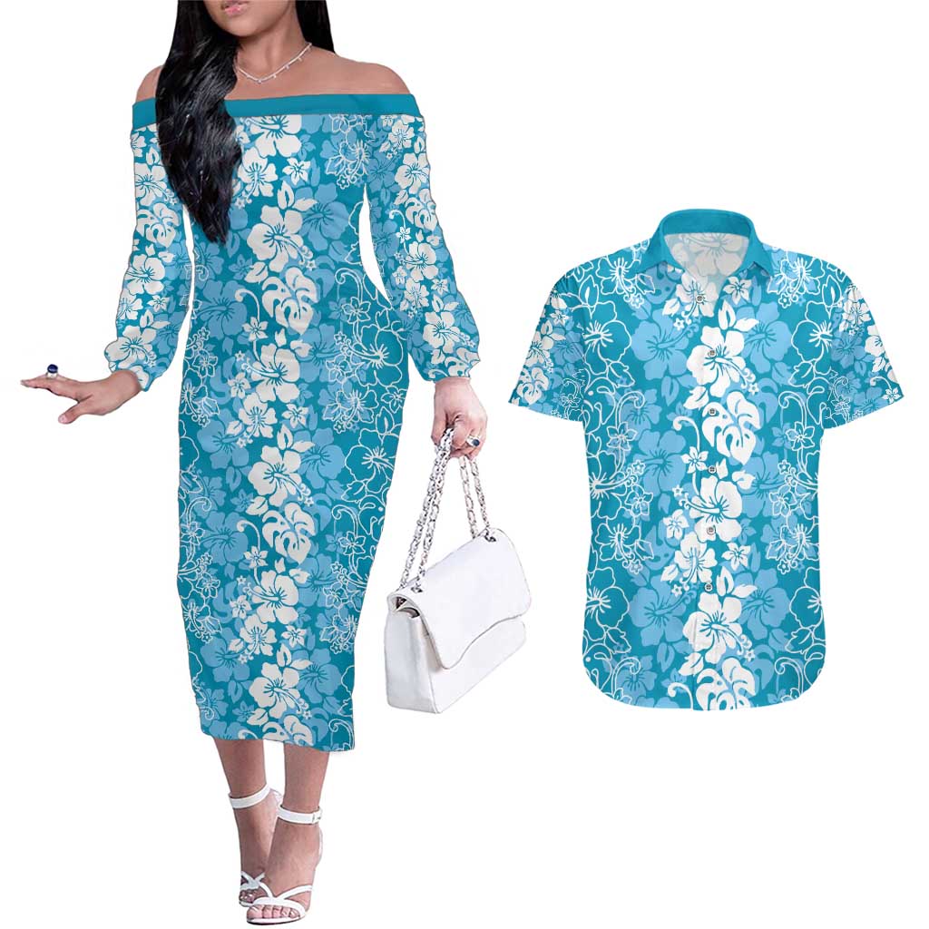 Hawaiian Lei Day Couples Matching Off The Shoulder Long Sleeve Dress and Hawaiian Shirt Blue Hibiscus Flowers Lei Art LT9 Blue - Polynesian Pride