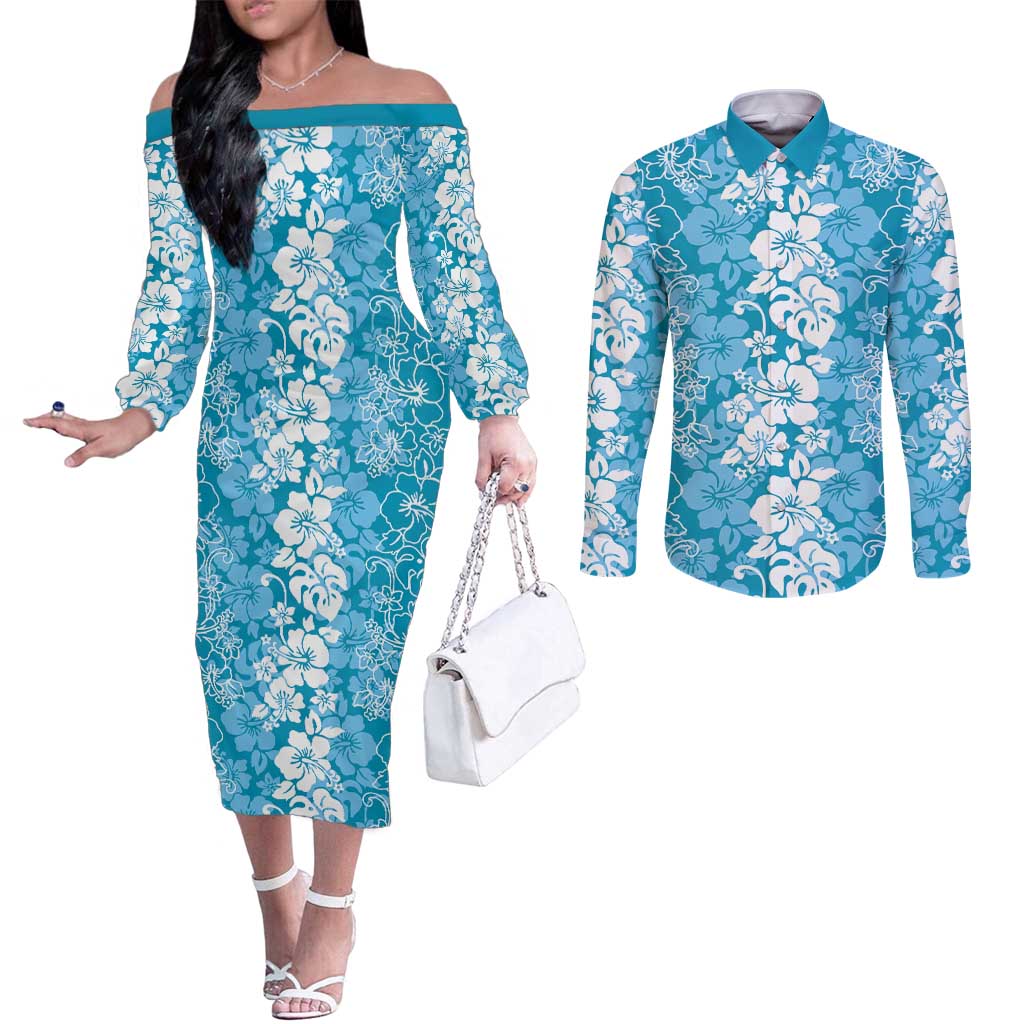 Hawaiian Lei Day Couples Matching Off The Shoulder Long Sleeve Dress and Long Sleeve Button Shirt Blue Hibiscus Flowers Lei Art LT9 Blue - Polynesian Pride