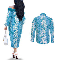 Hawaiian Lei Day Couples Matching Off The Shoulder Long Sleeve Dress and Long Sleeve Button Shirt Blue Hibiscus Flowers Lei Art LT9 - Polynesian Pride