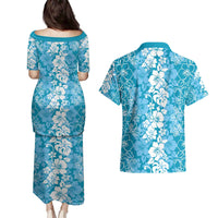 Hawaiian Lei Day Couples Matching Puletasi and Hawaiian Shirt Blue Hibiscus Flowers Lei Art LT9 - Polynesian Pride