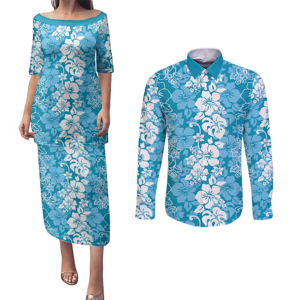 Hawaiian Lei Day Couples Matching Puletasi and Long Sleeve Button Shirt Blue Hibiscus Flowers Lei Art LT9 Blue - Polynesian Pride